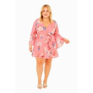 City Chic Summer Flirt Print Dress Pink Size 20 L  Mini Tie Waist Floral